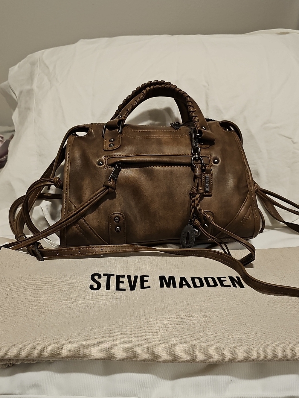 Steve Madden Distressed Brown Braided Handle Satchel